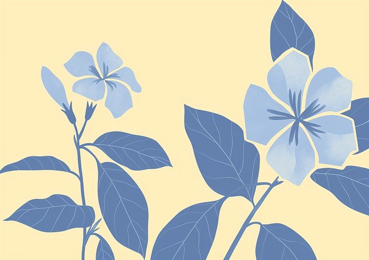 Blue Flowers and Leaves on Yellow Background
