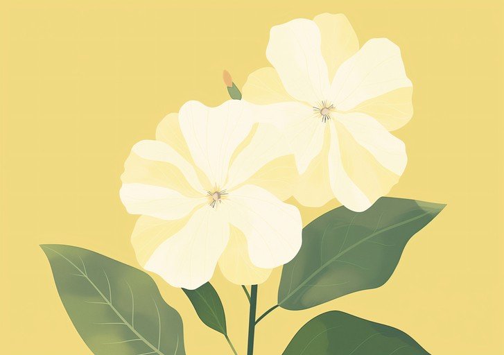 Delicate Yellow Flowers with Green Leaves on Yellow Background