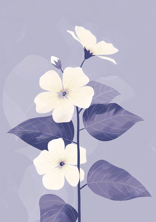 Delicate White Flowers and Purple Leaves on Lavender Background