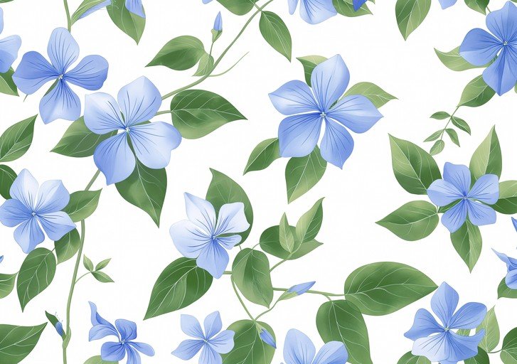 Seamless Pattern of Blue Periwinkle Flowers and Green Leaves
