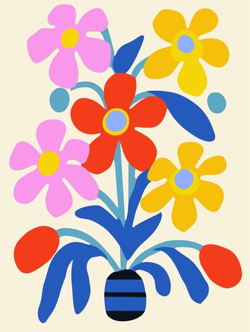 Vibrant Abstract Floral Arrangement in a Striped Vase