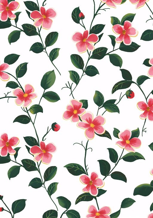 Pink Flowers and Green Leaves Seamless Pattern
