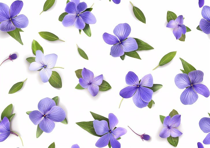 Purple Periwinkle Flowers and Green Leaves Pattern