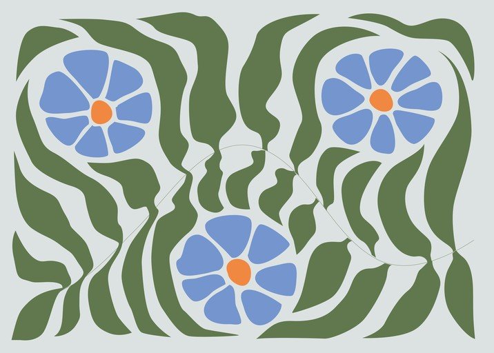 Abstract Floral Pattern with Blue Flowers and Green Leaves