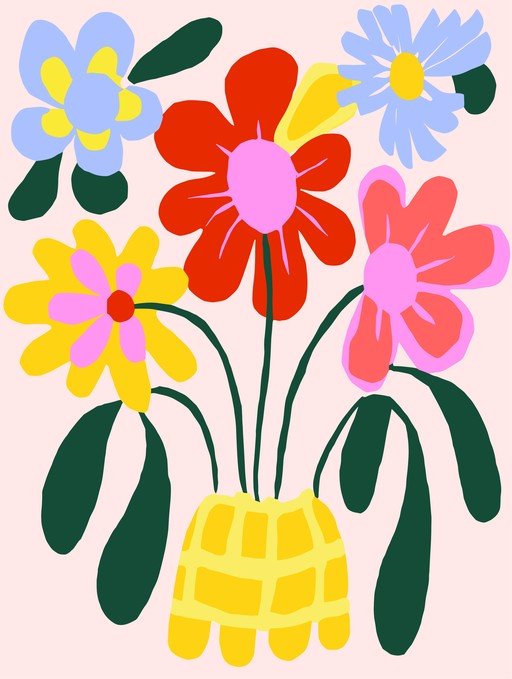 Vibrant Abstract Floral Arrangement in Yellow Vase