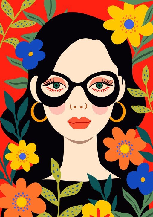 Vibrant Portrait of a Woman Surrounded by Flowers
