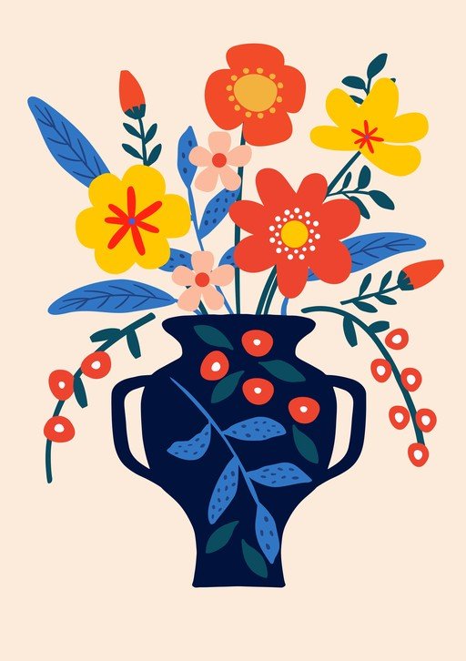 Vibrant Floral Arrangement in a Dark Blue Vase