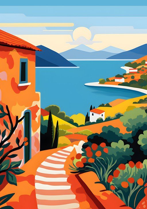 Vibrant Mediterranean Village Scene with Coastal View