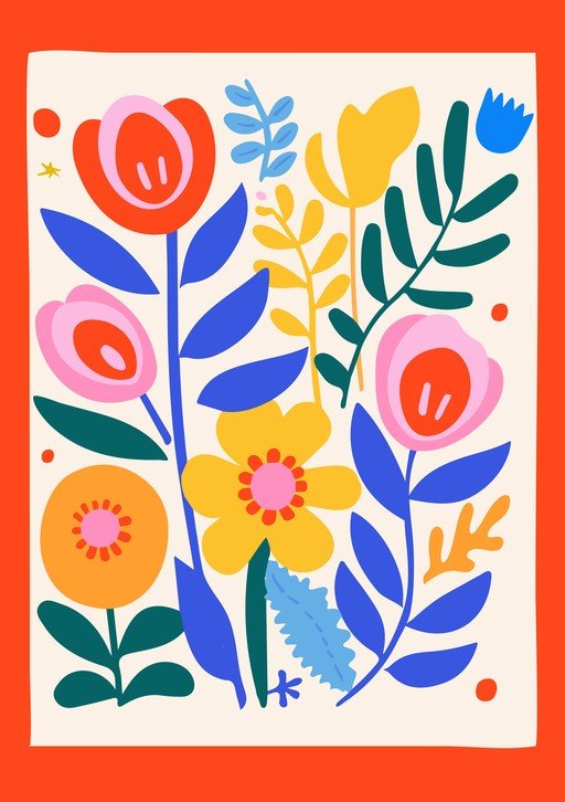 Vibrant Mid-Century Modern Floral Illustration