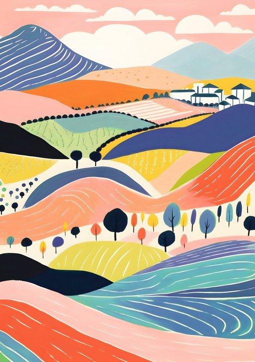 Vibrant Abstract Landscape with Rolling Hills and Village