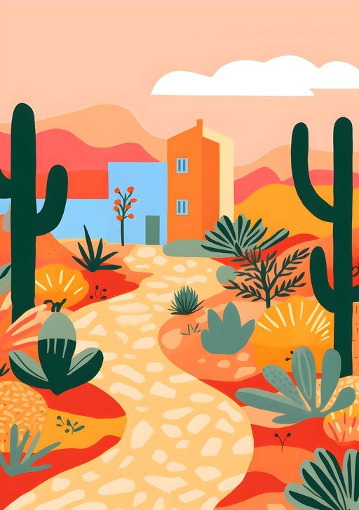 Vibrant Desert Landscape with Cactus and Adobe House
