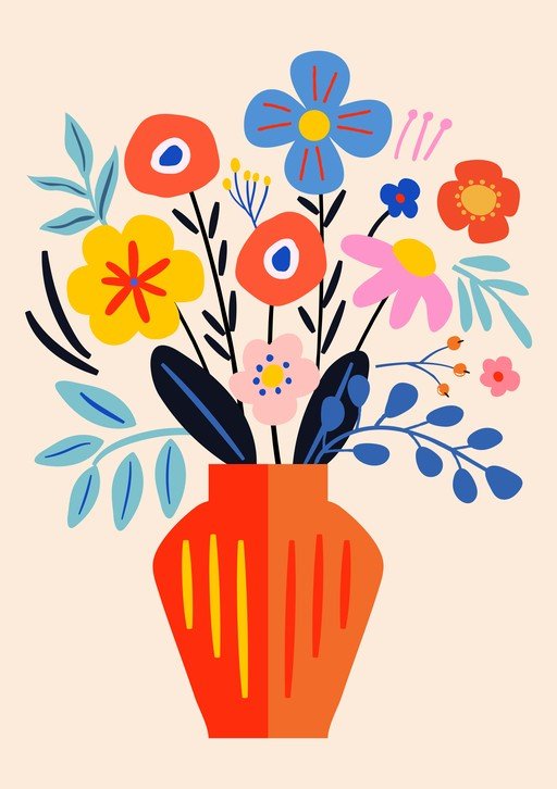 Vibrant Abstract Floral Arrangement in Orange Vase