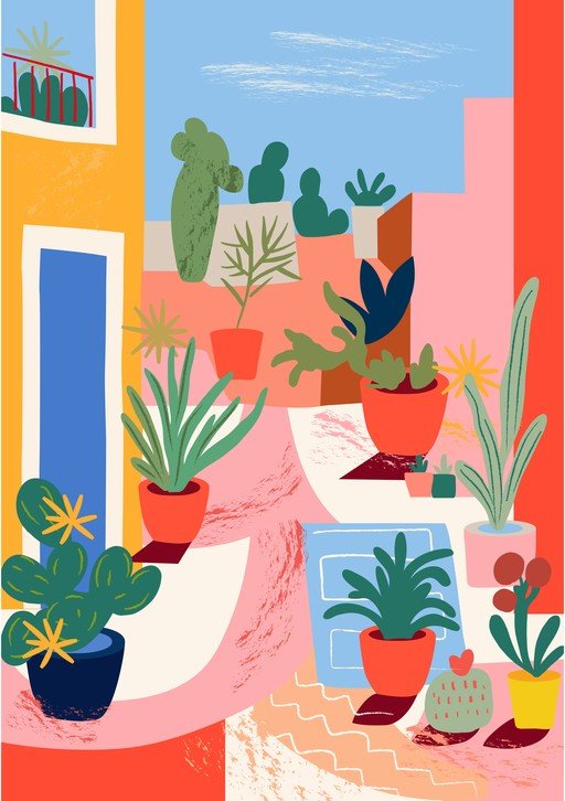 Vibrant Potted Plants on a Sunny Terrace
