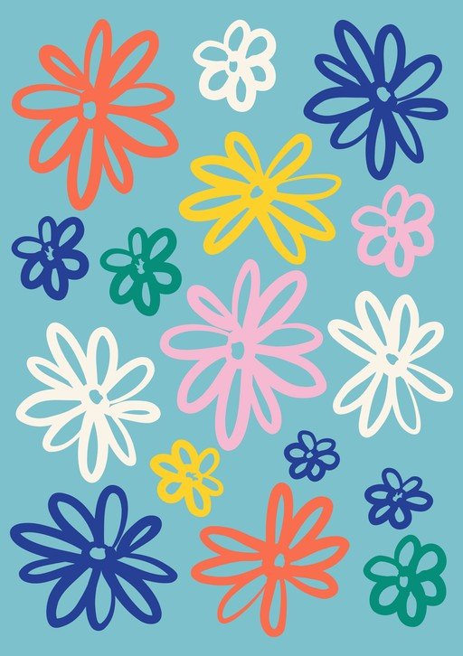 Whimsical Floral Pattern on Blue Background