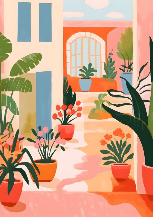 Vibrant Courtyard with Potted Plants and Arched Window