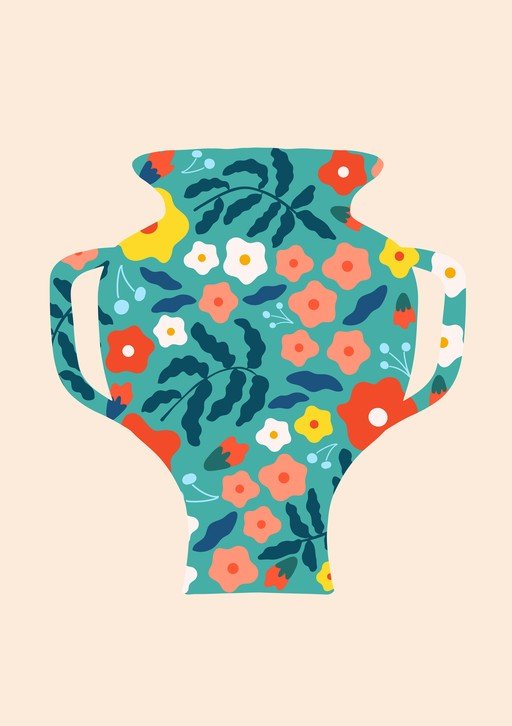 Teal Vase with Floral Pattern