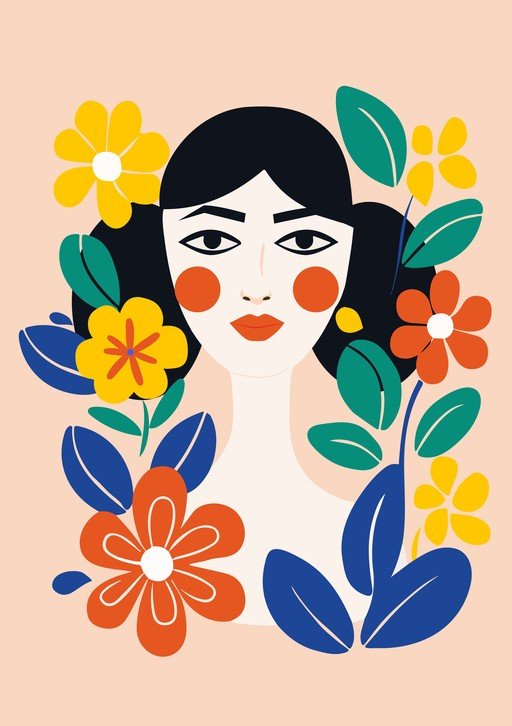 Stylized Portrait of a Woman Surrounded by Flowers