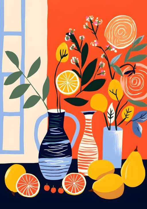 Vibrant Still Life with Citrus and Pears