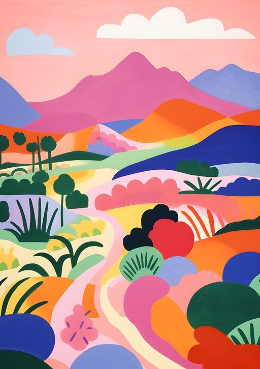 Vibrant Abstract Landscape with Rolling Hills and Clouds