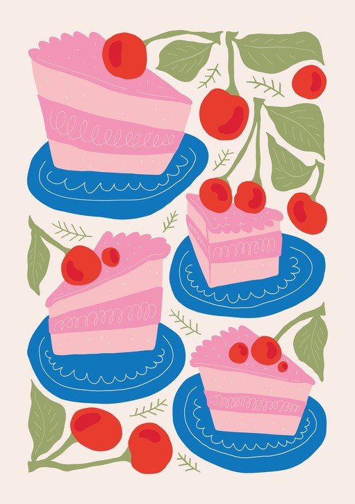 Pink Cherry Cakes and Branches Illustration