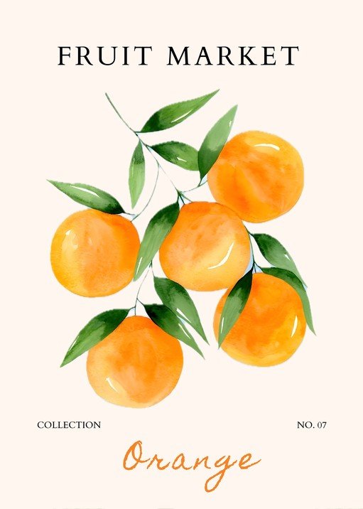 Watercolor Oranges on Branch with "Fruit Market" Text