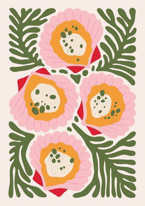 Abstract Floral Art with Pink, Orange, and Green Hues