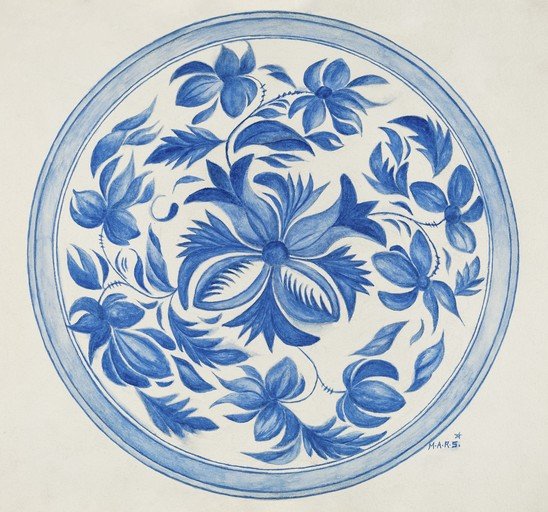 Blue and White Floral Plate Illustration