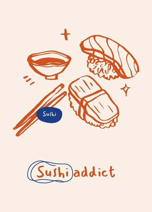 Hand-Drawn Sushi Illustration with "Sushi Addict" Text