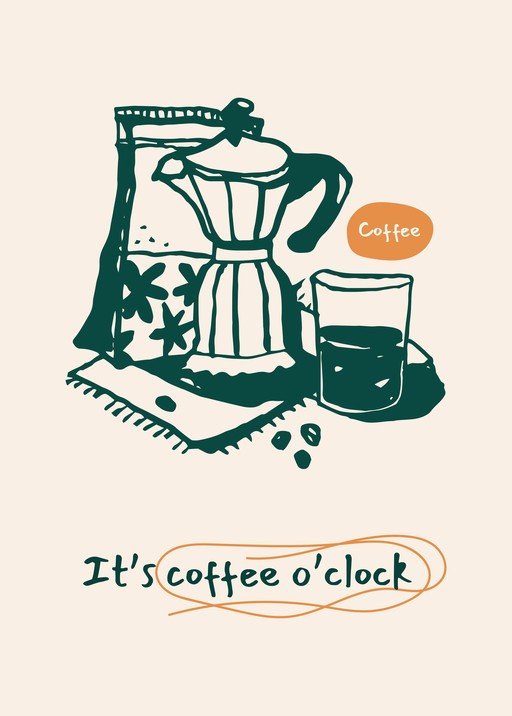 Coffee Time Illustration with Moka Pot and Coffee Beans