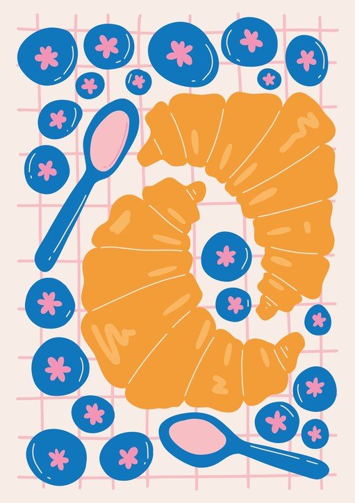 Whimsical Croissant and Blueberry Breakfast Illustration