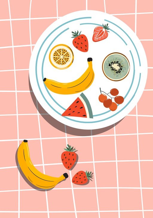 Vibrant Fruit Assortment on Pink Grid Background