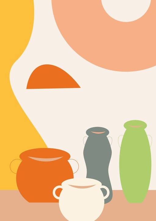 Abstract Still Life with Ceramic Vases and Organic Shapes