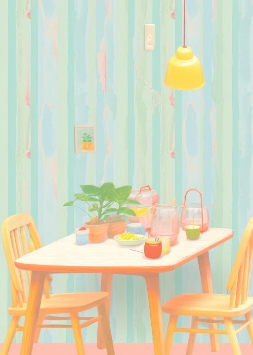 Cozy Dining Nook with Pastel Stripes and Yellow Lamp