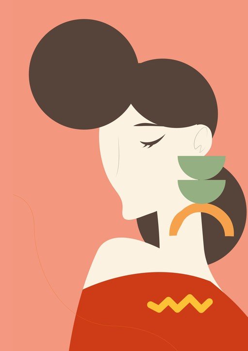 Abstract Woman with Geometric Earrings and Zigzag Detail