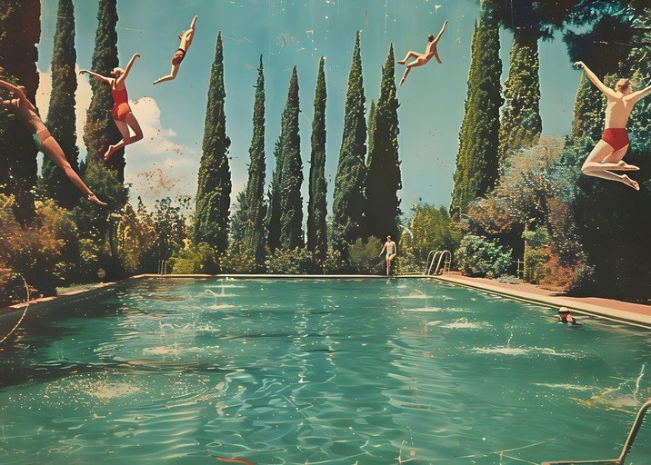Vintage Pool Party with Divers and Cypress Trees