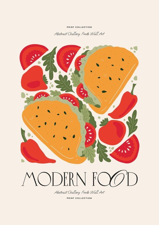 Modern Food Abstract Art Print: Tacos, Tomatoes, and Peppers