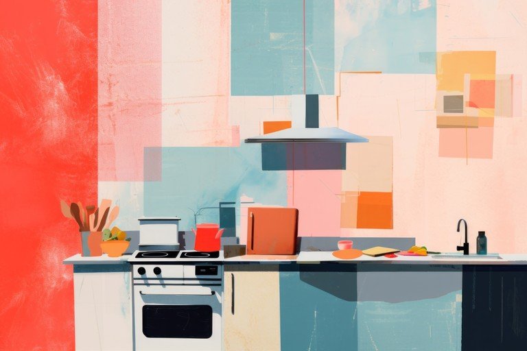 Abstract Kitchen Scene with Geometric Shapes