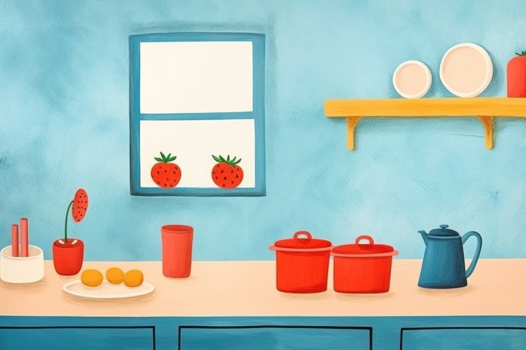 Whimsical Kitchen Scene with Strawberries and Pots