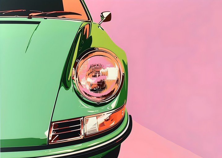 Retro Green Porsche with Pink Background