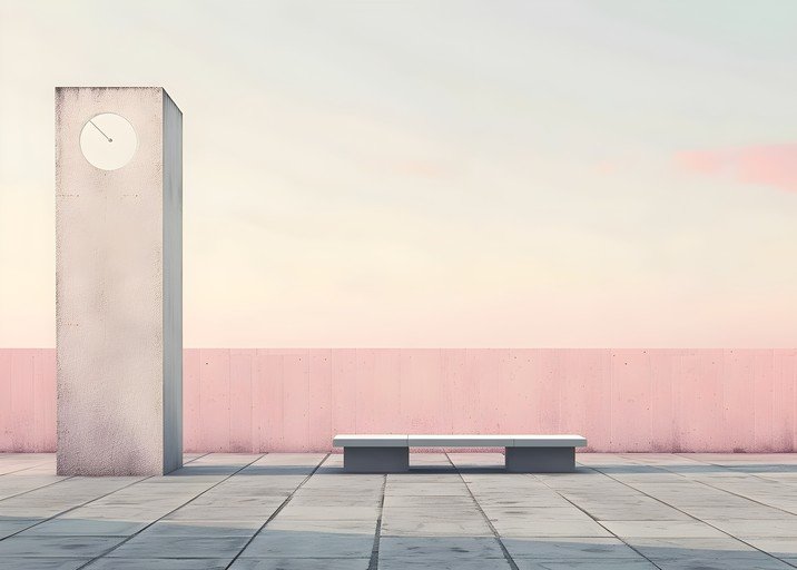 Minimalist concrete tower and bench against pink wall