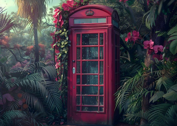 Red Phone Booth Overgrown with Tropical Flora