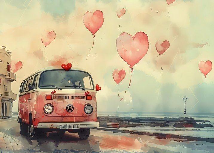 Vintage Van with Heart Balloons by the Sea