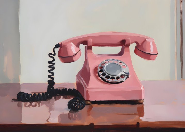 Retro Pink Rotary Telephone on Wooden Desk