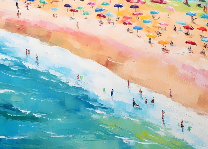 Impressionist Beach Scene with Colorful Umbrellas and People