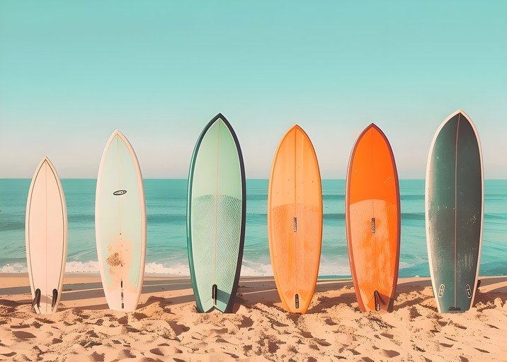 Surfboards Lined Up on Sandy Beach