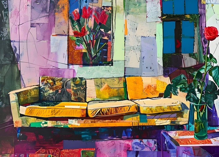 Abstract Interior Scene with Sofa and Flowers