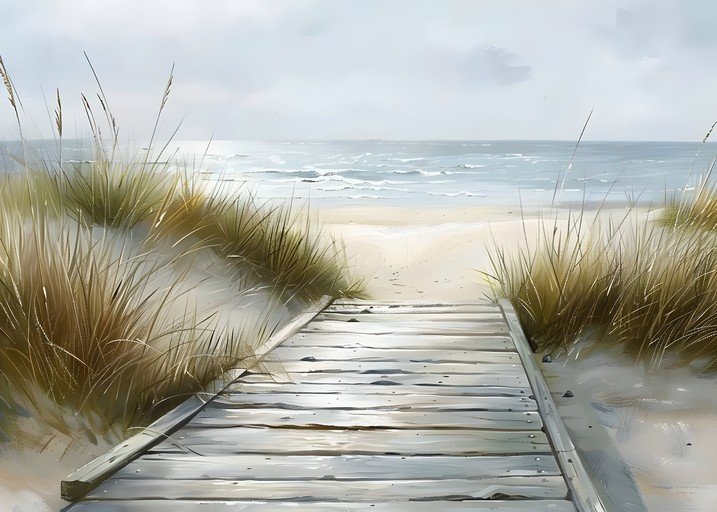 Wooden Boardwalk Leading to a Serene Beach