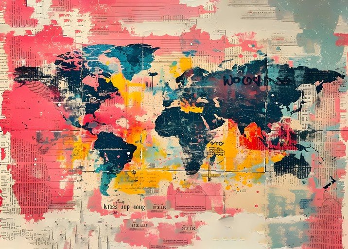 Abstract World Map Collage with Vibrant Colors