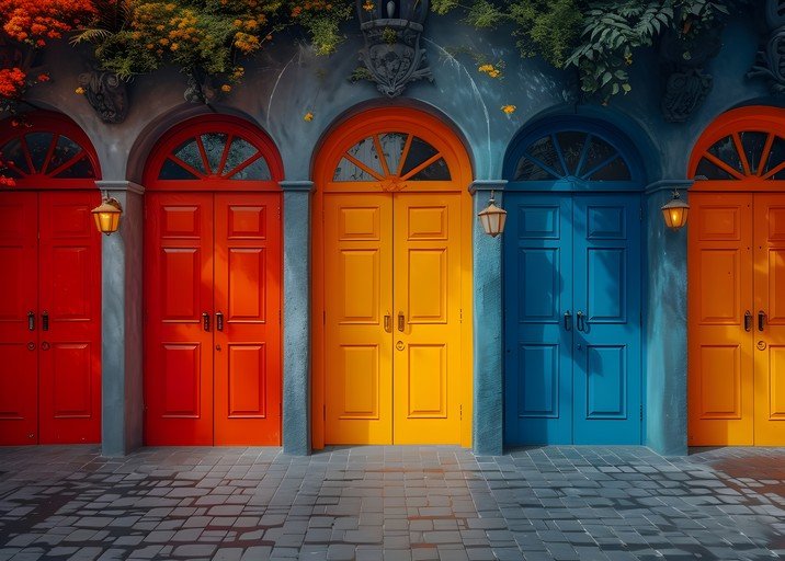 Vibrant Row of Colorful Doors with Arched Transoms