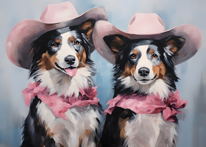 Two Australian Shepherds in Pink Cowboy Hats and Scarves